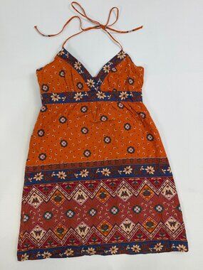 Flying Tomato Womens Small Orange Border Print Cotton Halter Sundress Boho